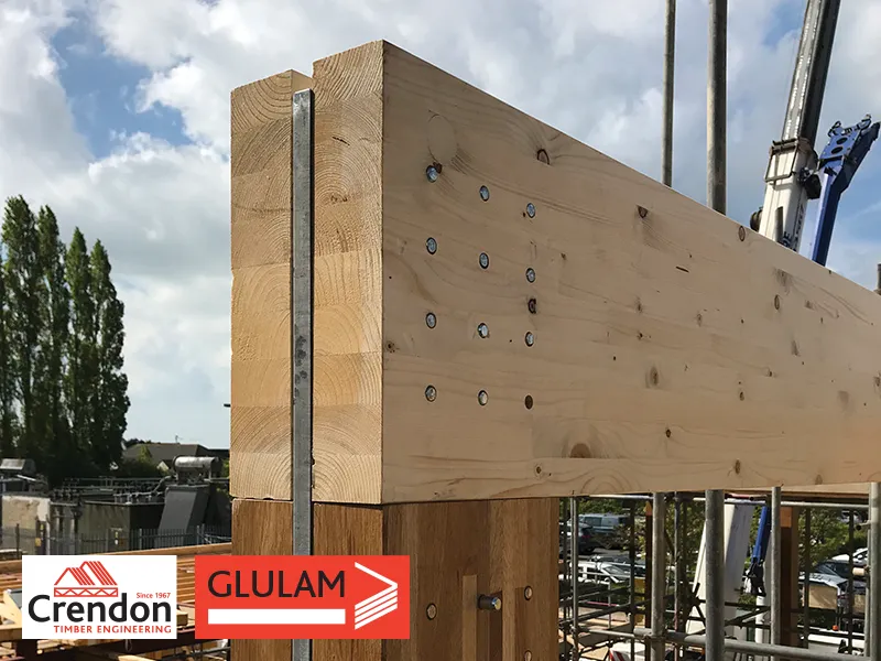 Cross section where two beams are attached with Glulam method